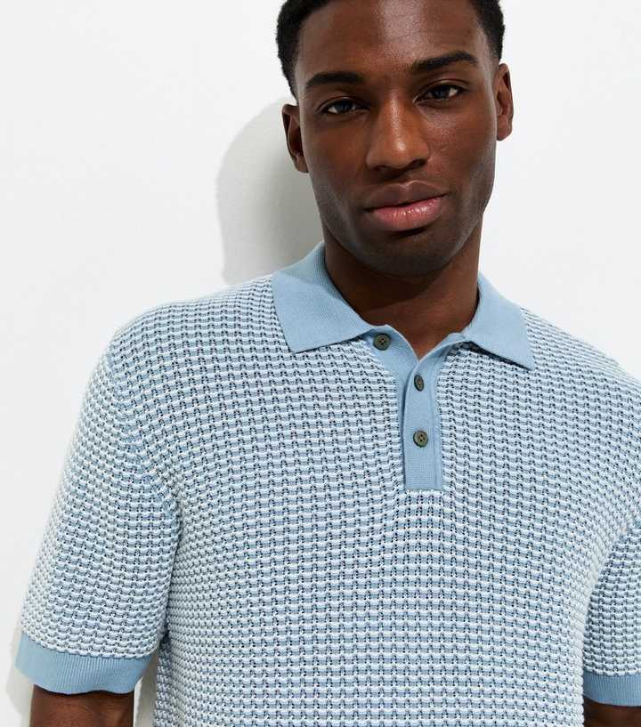 Jack & Jones Light Blue Cotton Relaxed Textured Knit Polo Shirt