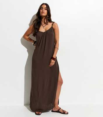 Dark Brown Crinkle Texture Beaded Maxi Dress