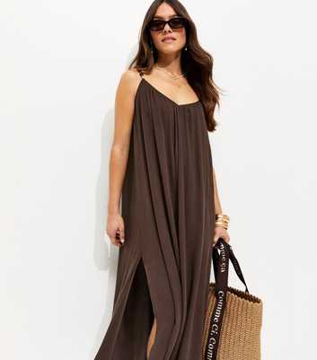 Petite Dark Brown Covered Beaded Strap Beach Maxi Dress