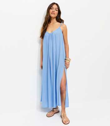 Petite Light Blue Covered Beaded Strap Beach Maxi Dress