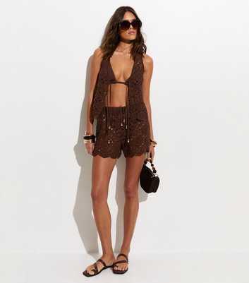 Dark Brown Tile Crochet Beach Shorts