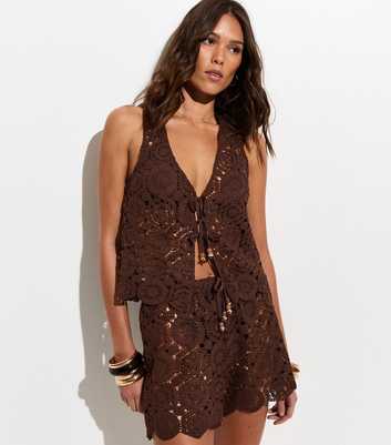 Dark Brown Tile Pattern Crochet Tie Beach Waistcoat