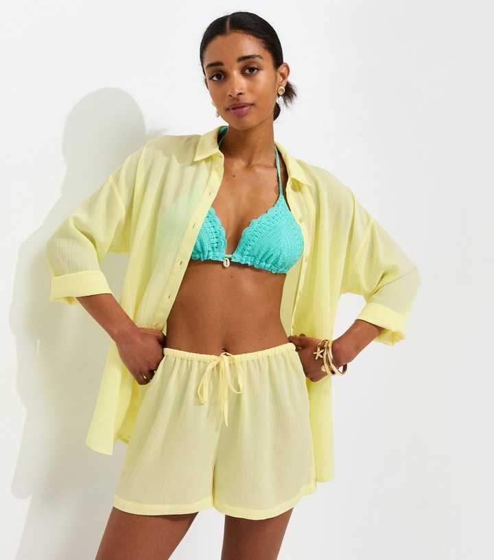 Light Yellow Crinkled Drawstring Beach Shorts