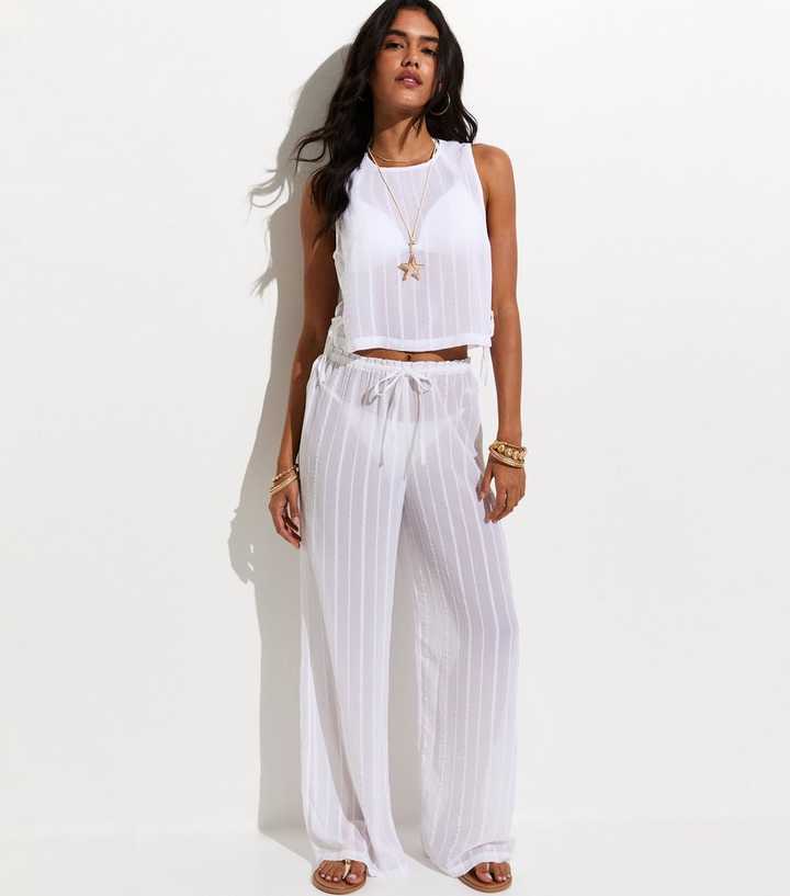 White Striped Beach Wide Leg Trousers