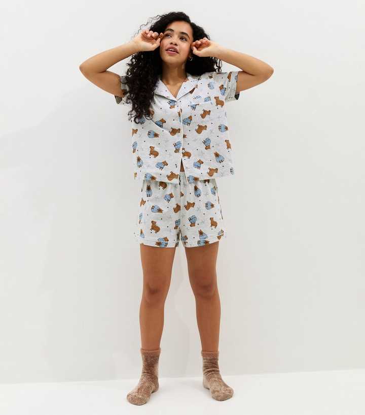 Girls Light Grey Capybara Print Shirt and Shorts Pyjama Set