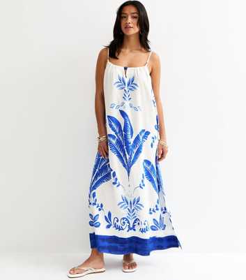Petite Blue Leaf Print Beach Maxi Dress