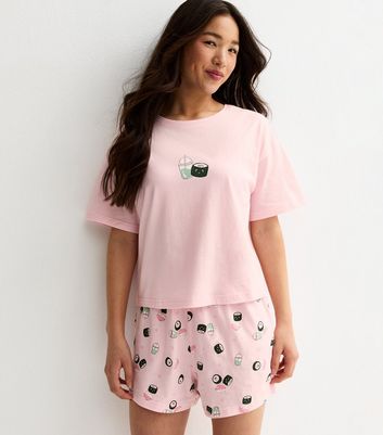 Girls Light Pink Sushi Print T-Shirt and Shorts Pyjama Set
