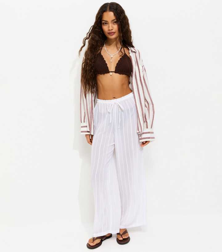 Petite White Striped Beach Wide Leg Trousers