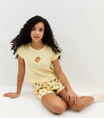 Girls Yellow Cotton Embroidered Bunny T-Shirt and Shorts Pyjama Set