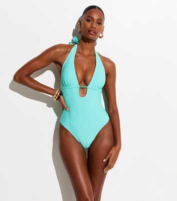 Turquoise Tummy Control Plunge Bead Swimsuit