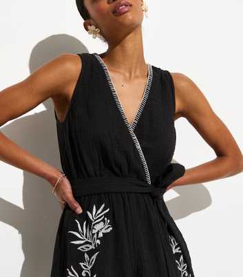 Black Palm Embroidered Sleeveless Playsuit