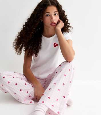 Girls Light Pink Cherry Embroidered Pyjama Set