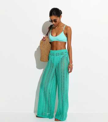 Turquoise Crochet Wide Leg Beach Trousers