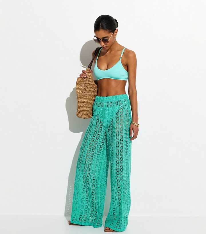 Turquoise Crochet Wide Leg Beach Trousers