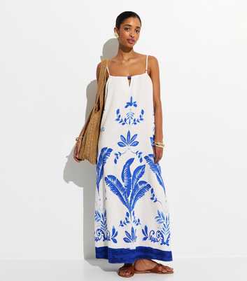 White and Blue Painted Leaf Pattern Beach Maxi Dress