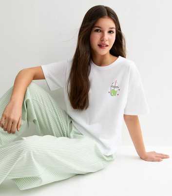 Girls White Bubble Tea T-Shirt And Stripe Wide Leg Trousers Pyjama Set