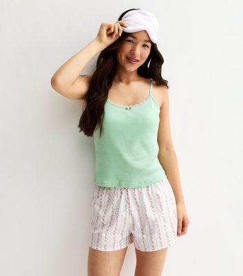 Girls Light Green Cami and Floral Shorts Pyjama Set