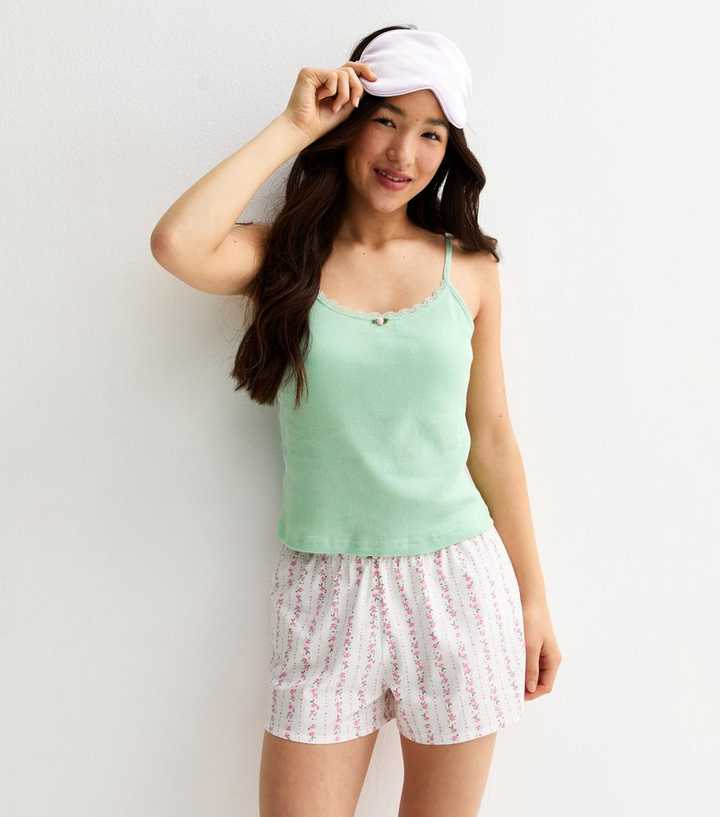 Girls Light Green Cami and Floral Shorts Pyjama Set