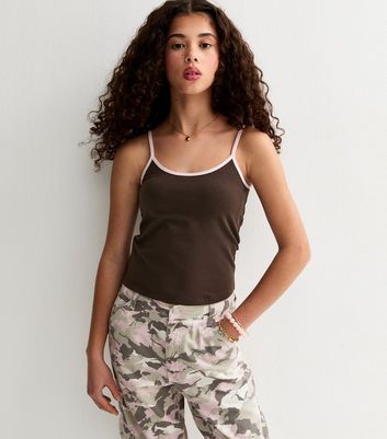 Girls Dark Brown Jersey Scoop Neck Cami Top