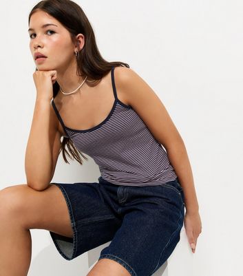 Girls Navy Striped Scoop Neck Cami Top