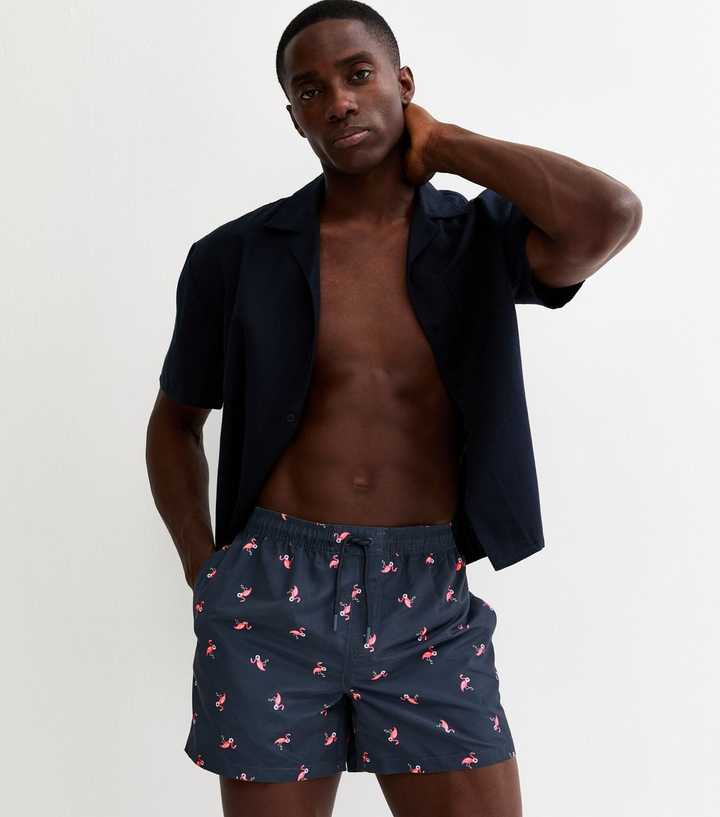 Blue Regular Flamingo Print Swim Shorts