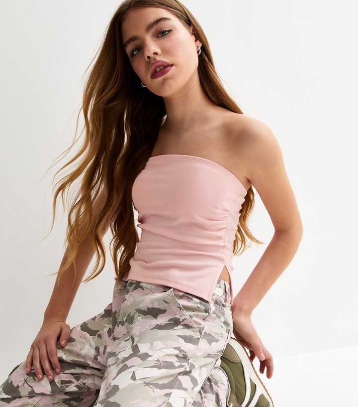 Girls Light Pink Asymmetric Ruched Side Bandeau Top