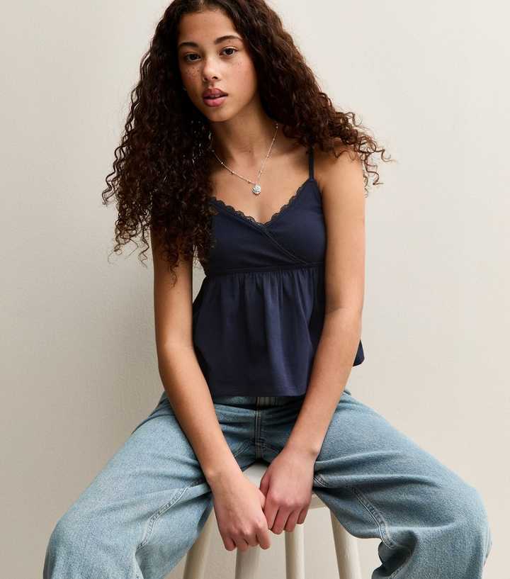 Girls Navy Triangle Scalloped Cami Top