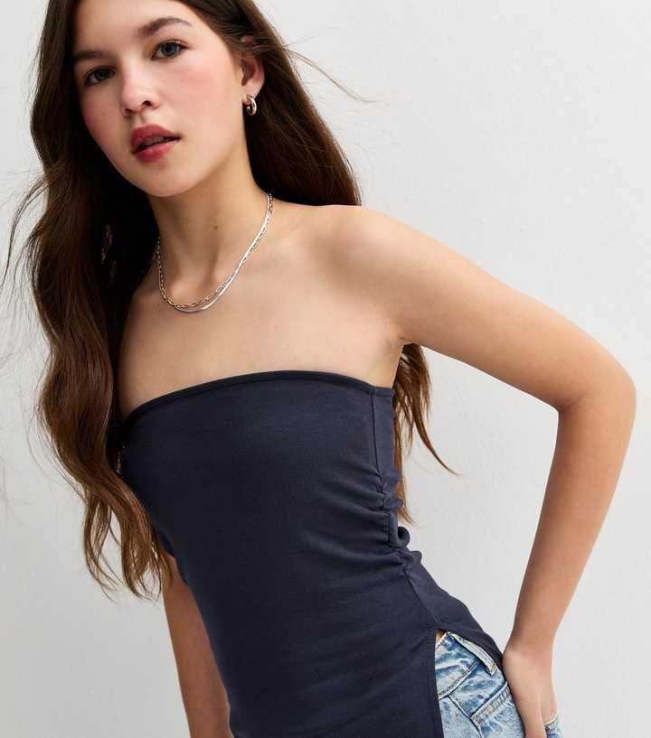 Girls Navy Asymmetric Ruched Side Bandeau Top