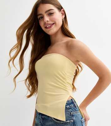Girls Light Yellow Asymmetric Ruched Side Bandeau Top