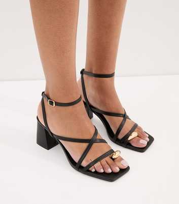 Black Faux Leather Metal Toe Loop Block Heel Sandals