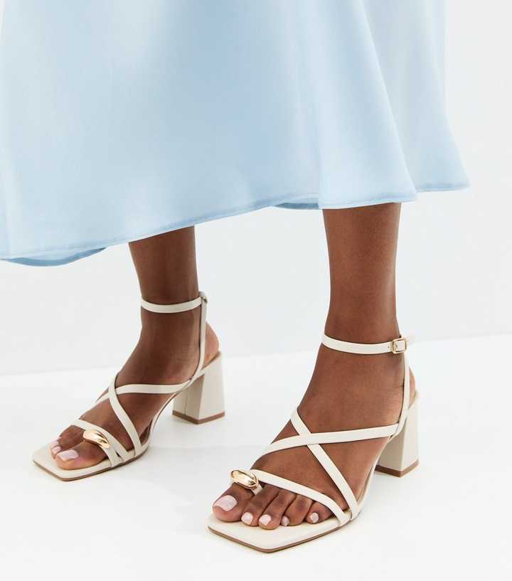 Off White Faux Leather Metal Toe Loop Block Heel Sandals