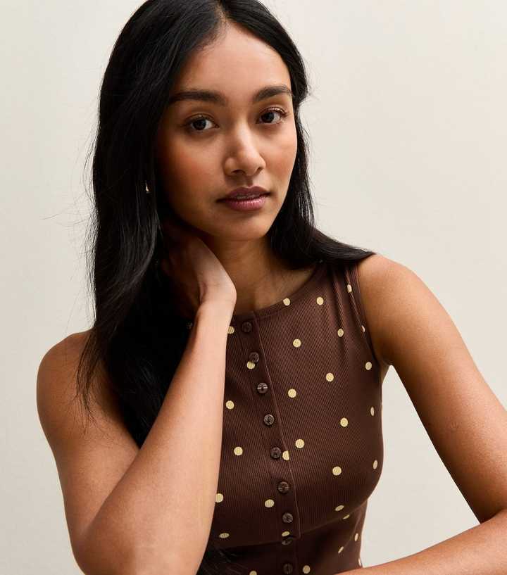 Brown Polka Dot Button Up Tank Top