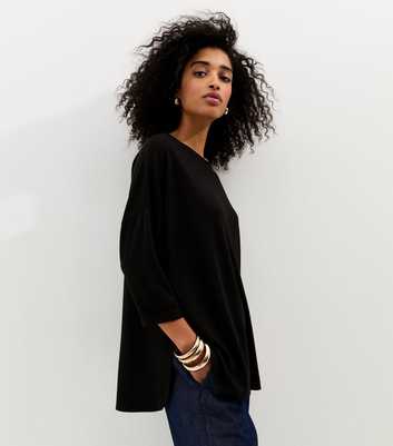 Black Soft Touch Slouchy Cropped Sleeve T-Shirt