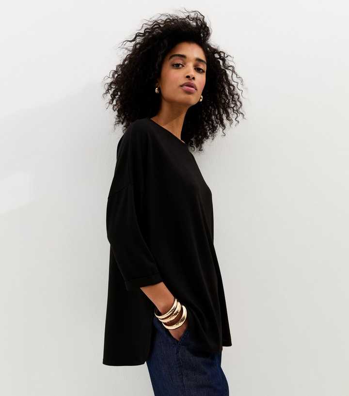 Black Soft Touch Slouchy Cropped Sleeve T-Shirt
