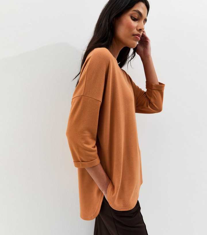 Tan Soft Touch Slouchy Cropped Sleeve T-Shirt