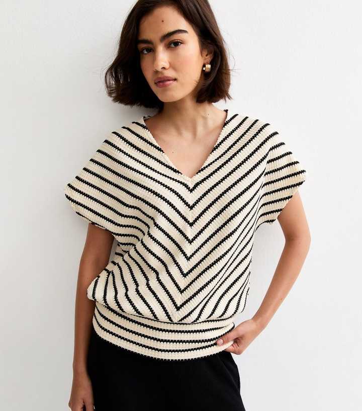 White Soft Touch Textured Stripe Batwing Sleeve Top