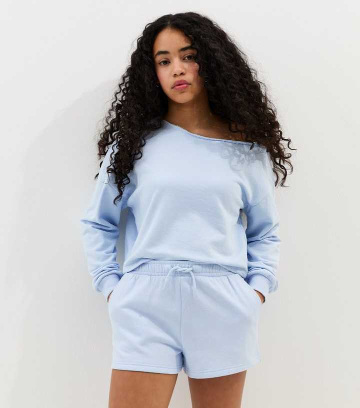 Girls Light Blue Drawstring Jogger Shorts