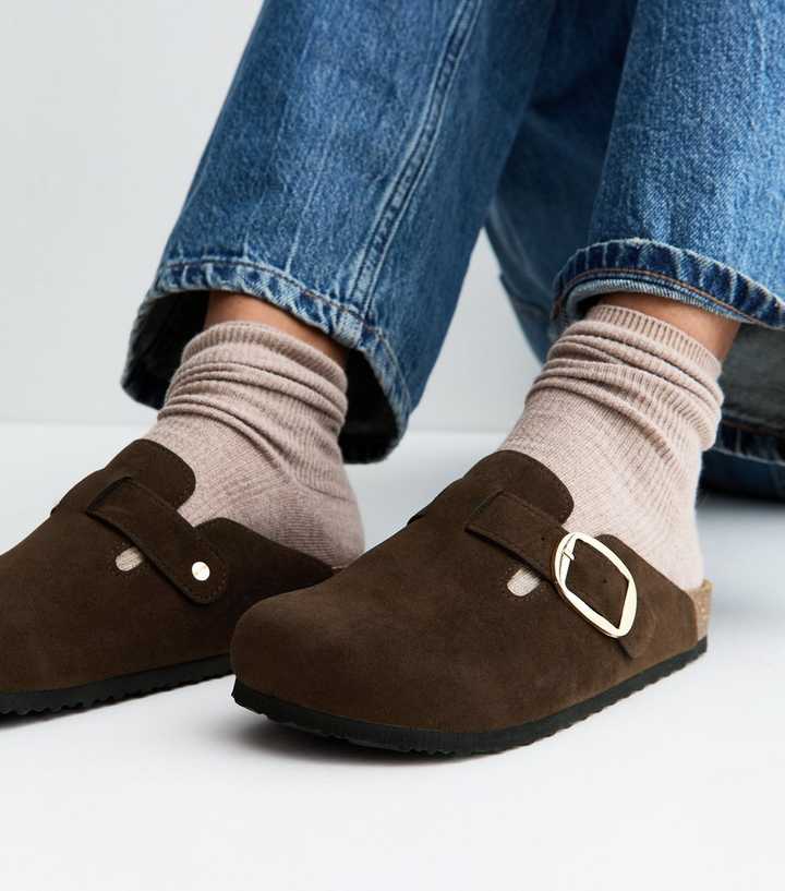 Brown Faux Brushed Leather Clogs