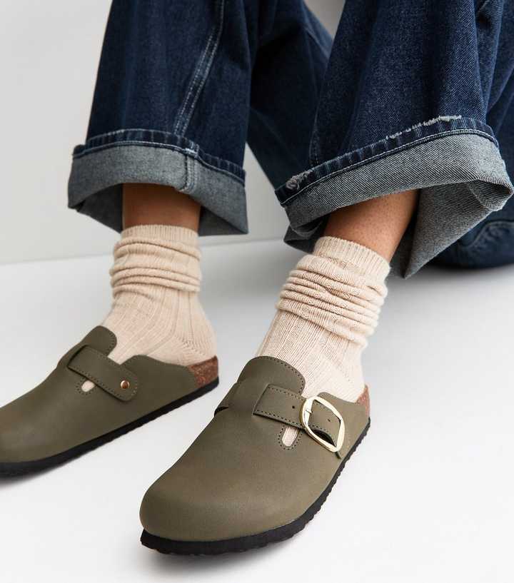 Light Khaki Faux Brushed Leather Clogs