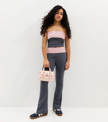 Girls Navy Contrast Waistband Flare Leggings