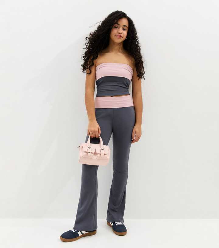 Girls Navy Contrast Waistband Flare Leggings