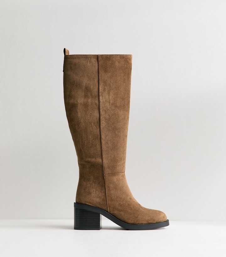 Light Brown Faux Suede Heeled Knee High Boots