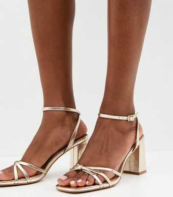 Gold Faux Leather Knot Strap Block Heel Sandals
