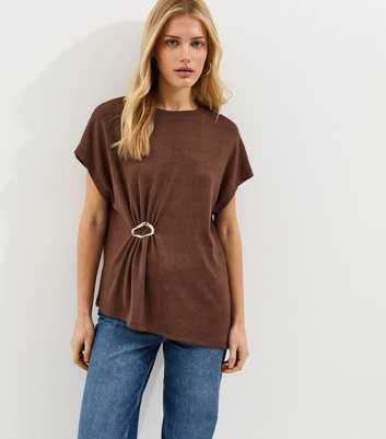Dark Brown Textured Soft Touch Buckle Detail Top