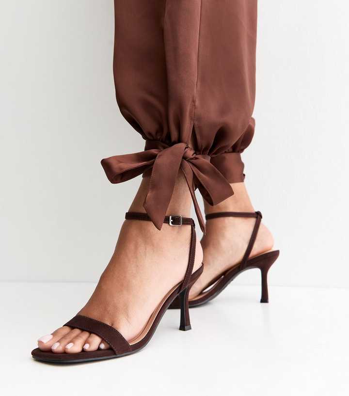 Dark Brown Faux Suede Square Top Stiletto Sandals