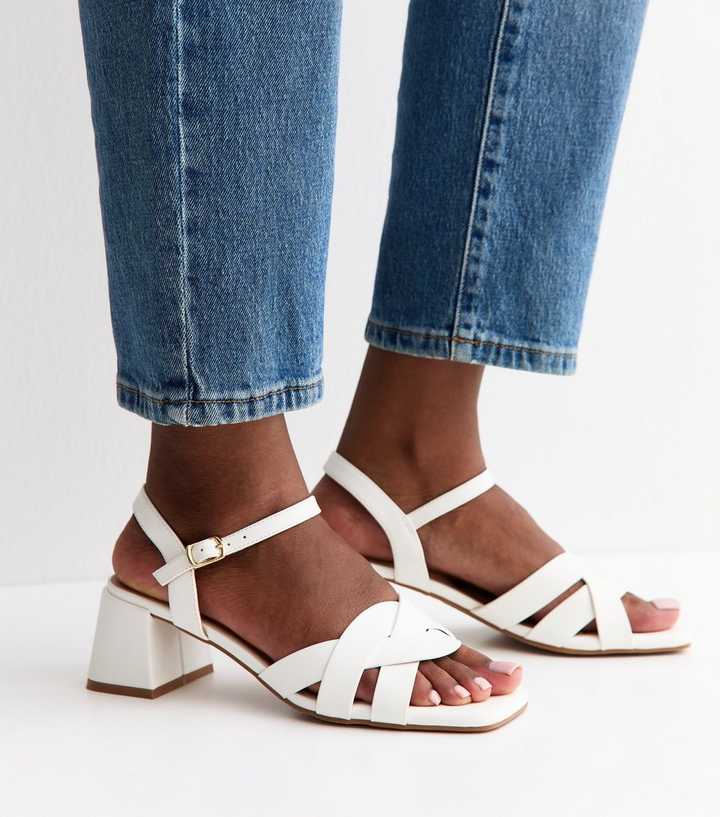 White Faux Leather Interwoven Low Block Heel Sandals