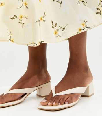 Off White Faux Leather Toe Post Block Heel Sandals