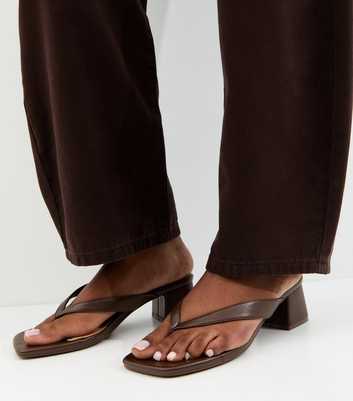 Dark Brown Faux Leather Toe Post Block Heel Sandals
