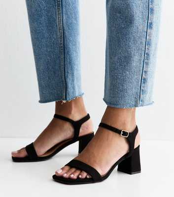 Black Faux Suede Square Toe Block Heel Sandals