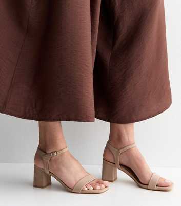 Light Brown Faux Suede Square Toe Block Heel Sandals